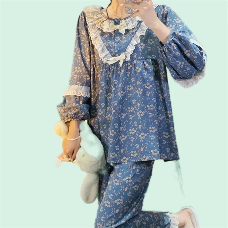 Women's Pajamas Set Sweet Full Sleeve Flower Print Sleepwear Casual Pyjama Cozy Homewear Korean Spring Style
