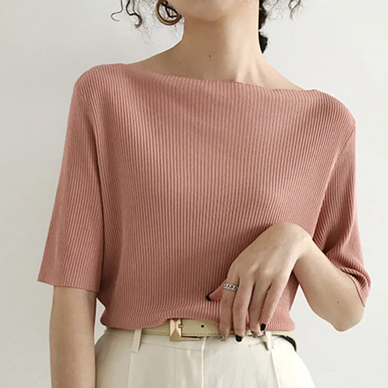 

Kio New Women T-Shirts Colors Casual Slash Neck Knitting Elasticity Wild Tops