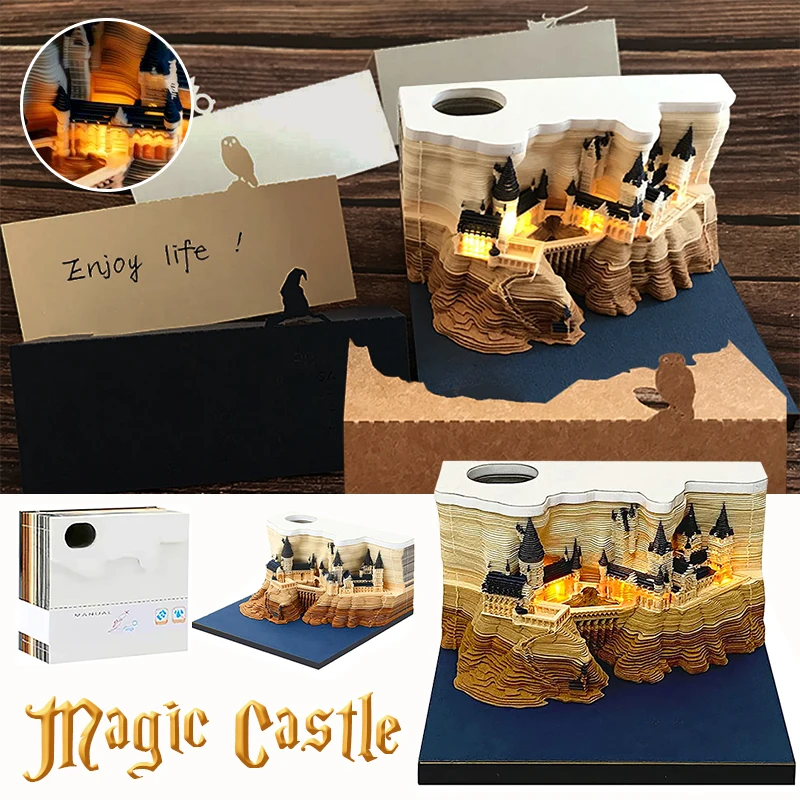 

Led 3D Calendar 2024 Hary Design Reveal Magic Castle Tear Off Paper Memo Pad Non-Sticky Note Cards Birthday christmas gift kids