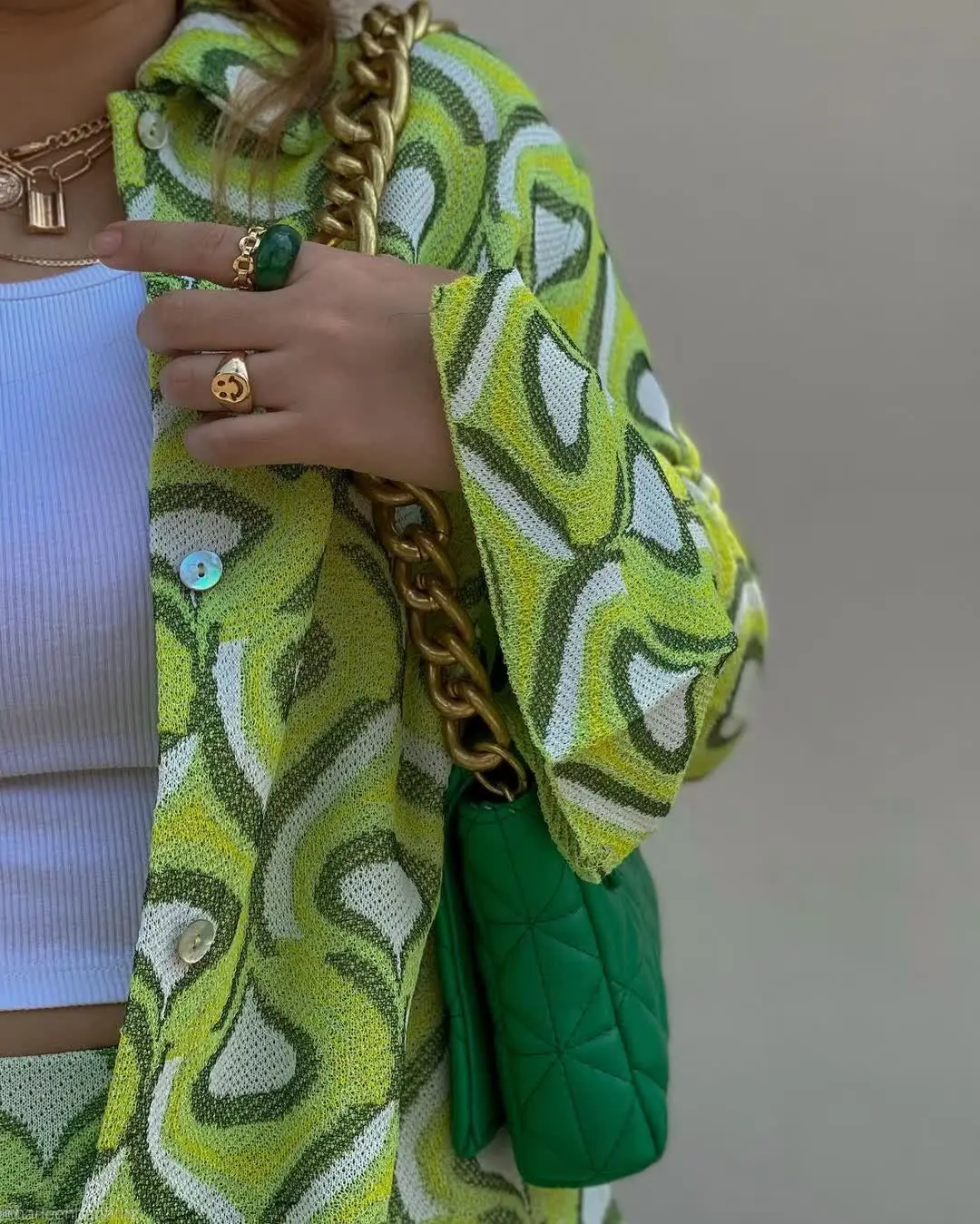 Women Pajamas Set Chic Green Geometric Print Vintage Sleepwear Long Sleeve High Waist Wide Leg Trousers 2pcs Elegant Women Sets