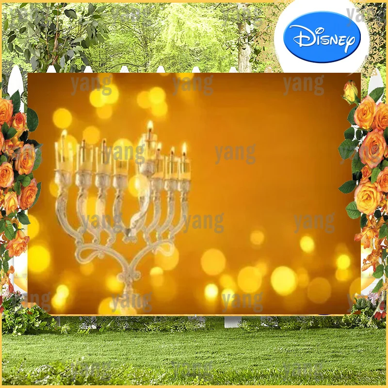 

Yellow Dots Food Party Warm Glitter Photo Wall Backdrops Banner Hogata Festival Jewish Holidays Happy Hanukkah Candles Polyester