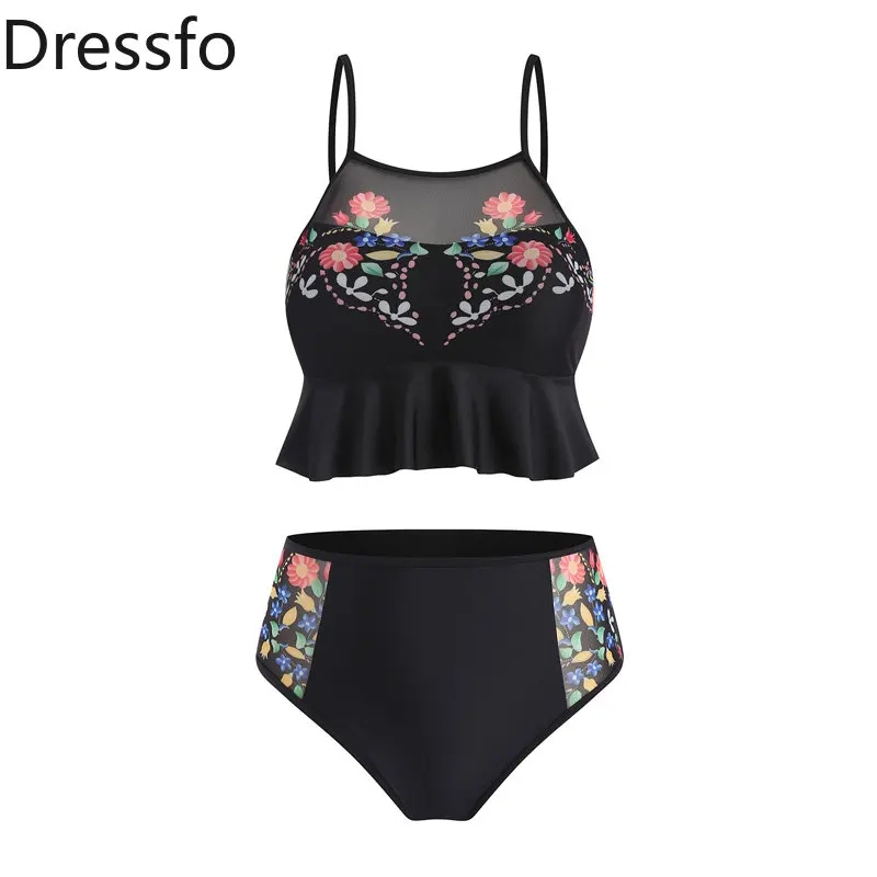 

Dressfo Two Piece Swimwear Women Plus Size Tankini Swimsuit Ethnic Flower Print Strap Tankinis Set Ruffle Beachwear Bathing Suit