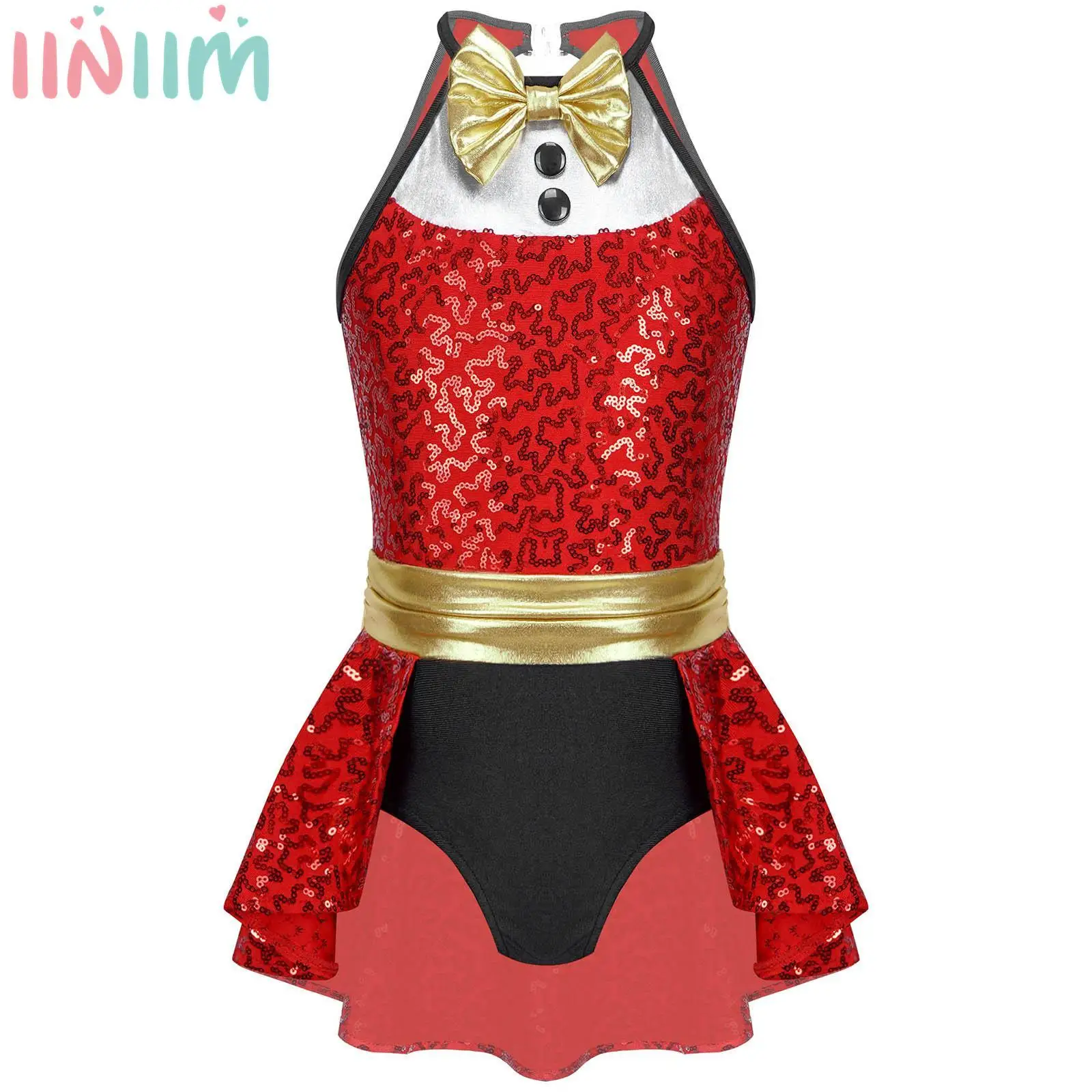 

Kids Girls Christmas Dance Dress Bowknot Cutout Sequins Festival Ballet Jazz Latin Dancewear Circus Stage Performance Costumes