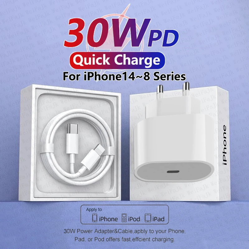 

For Apple Original PD 30W USB C Charger For iPhone 13 12 11 14 Pro Max Mini X XS XR 8 Plus iPad Air Charger Fast Charging Cable