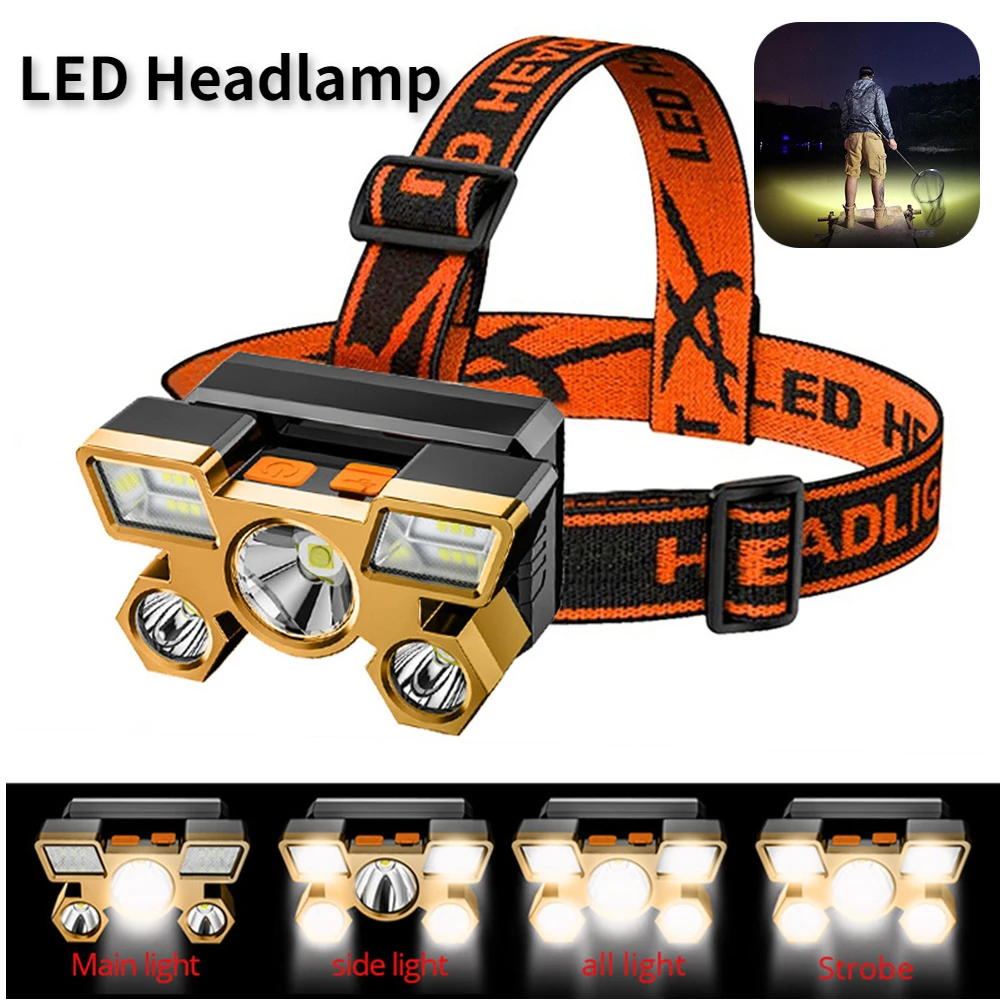 

USB Rechargeable Headlamp Portable 5LED Headlight Built in Battery Torch Portable Working Light Fishing Camping Head Light