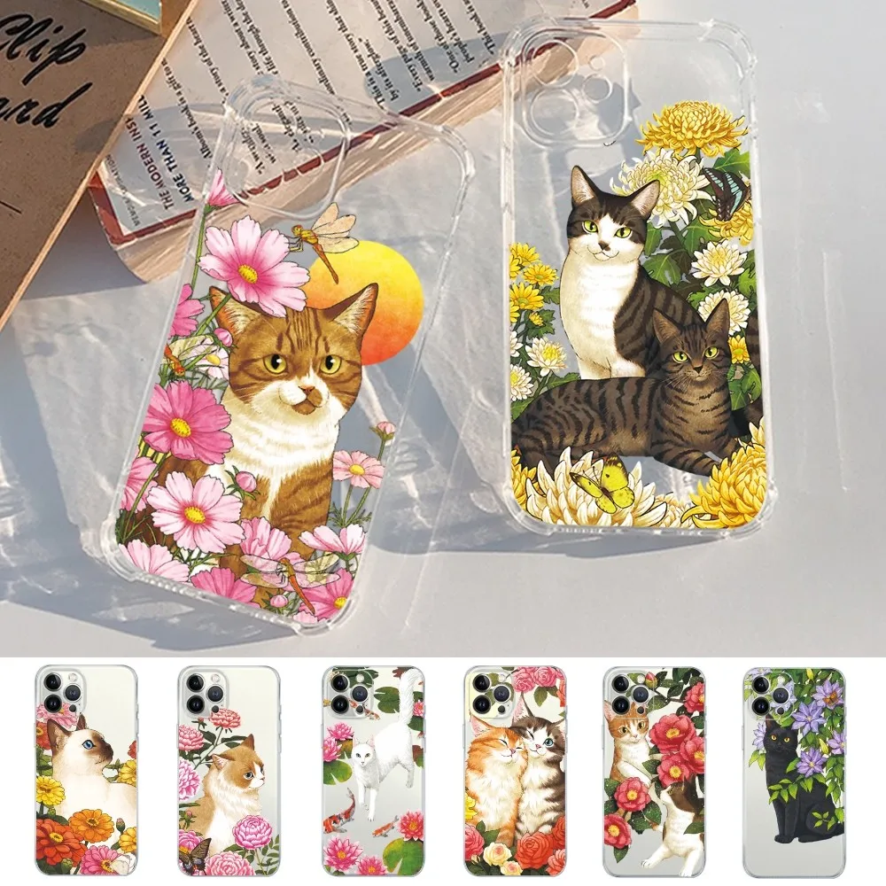 

Fashion Cute flowers Cat Phone Case For iPhone 14 13 12 11 Pro Max Mini X Xs XR 6 7 8 Plus SE 2020 Transparent Case