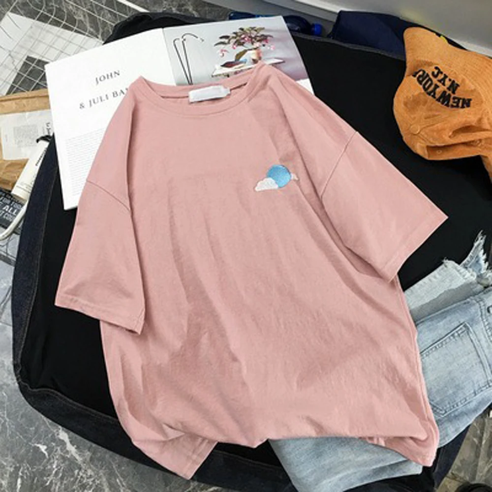 

Женская футболка с вышивкой Moon Cloud, Повседневная Свободная футболка с круглым вырезом и коротким рукавом, LSHY-A17