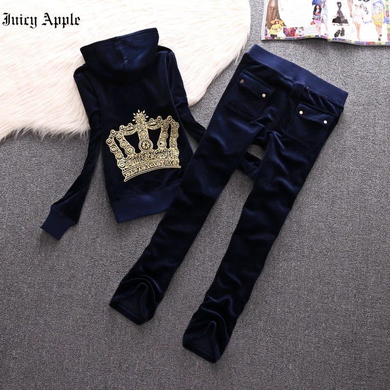 Juicy Apple Vintage Sexy Velvet 2 Piece Set Women Tracksuit Long Sleeve Zip Cropped Jacket Coat+Pants Casual Outfit Sport Suit