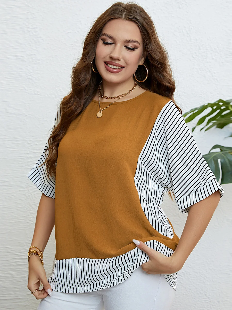 Summer crewneck panels fake two plus-size blouses roupas femininas plus size tops for women