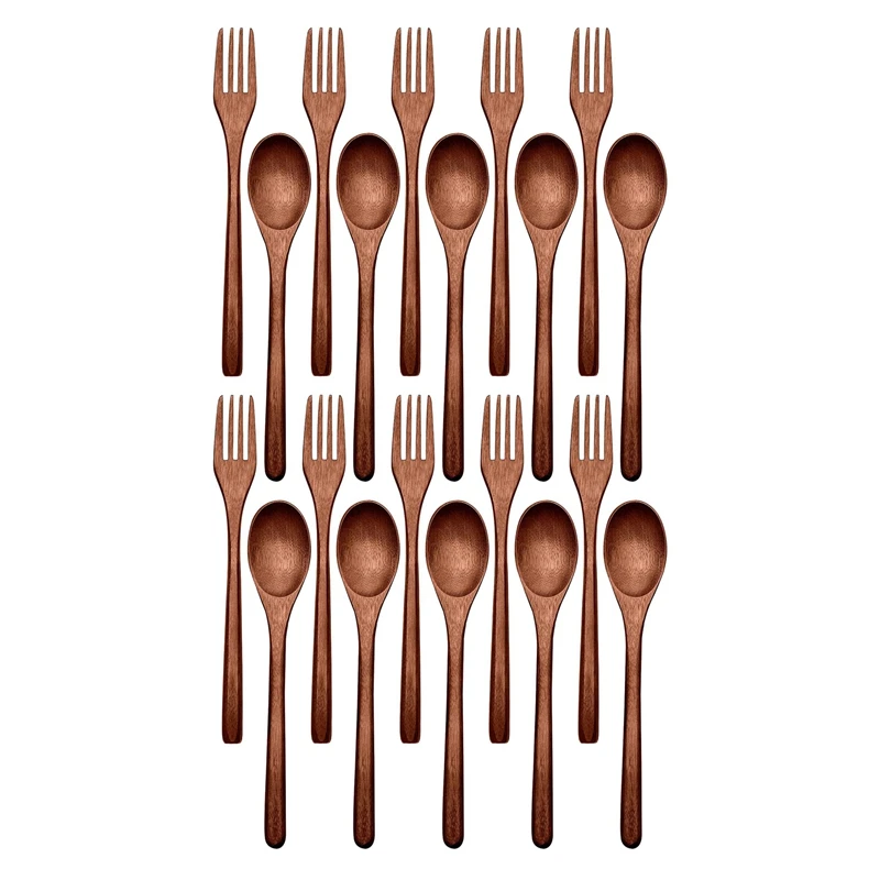 

ELOS-20 Pcs Wooden Spoons Forks Set Wooden Utensil Set Reusable Natural Wood Flatware Set For Cooking Stirring Eating