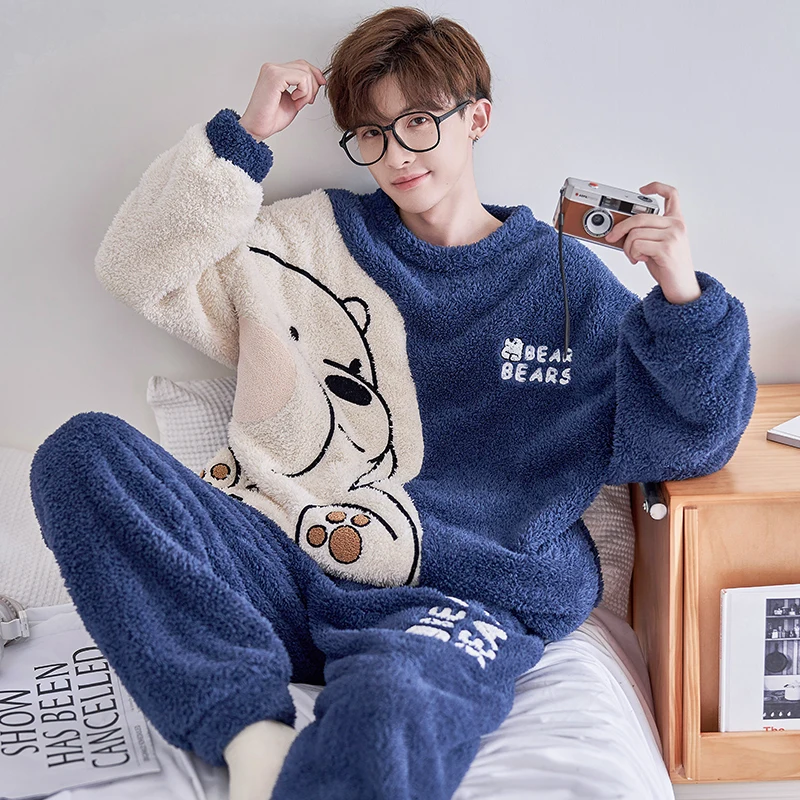 FUNISHI Cartoon Loose Version Pajama Set Plus Size 4XL Winter Pajamas Men's pijama Inspissate Flannel Pullover Sleepwear