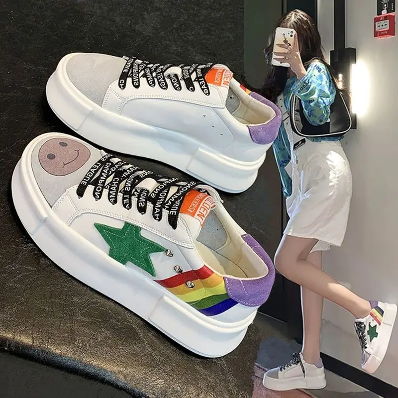 Girls' Little White Shoes, Girls' 2023 Spring and Autumn New Student Korean Version Versatile Matsuke Thick Sole Elevated Casual