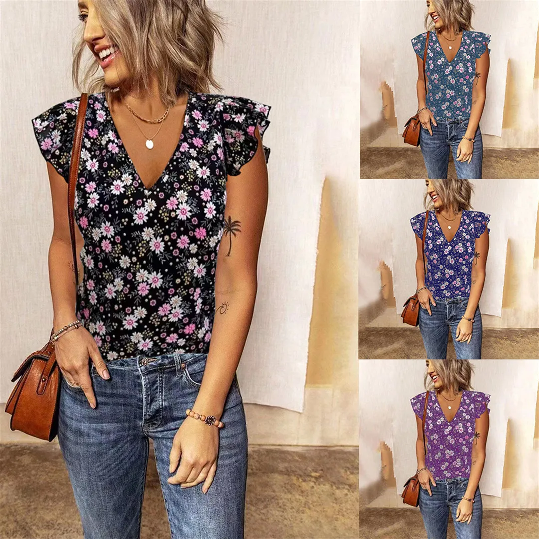

2023 Summer New Women's Loose Floral V Neck Ruffle Sleeve T-shirt Top