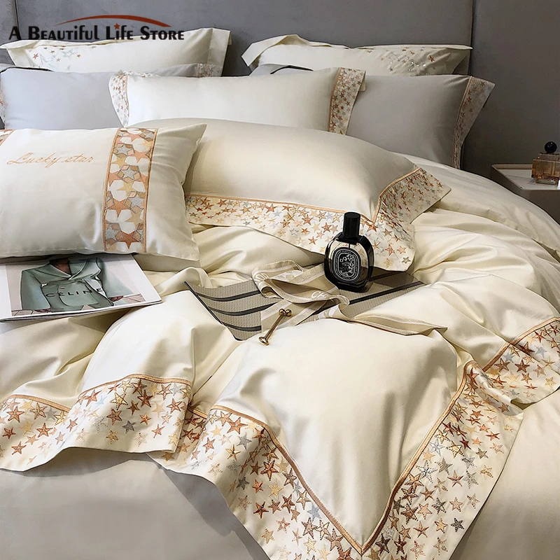 

1000TC Egyptian Cotton Simple Gold Star Embroidery Luxury 4Pcs Bedding Set Soft Duvet Cover Set Bed Sheet Set Pillowcases