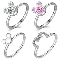 disney pink clear crystal mickey rings for women wedding adjustable ring silver color cartoon minnie mouse finger ring jewelry