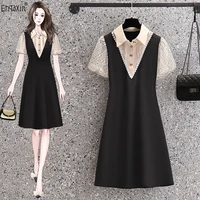ehqaxin summer new womens dress fashion 2022 high quality lace mesh stitching a line short sleeved dressws for female m 4xl