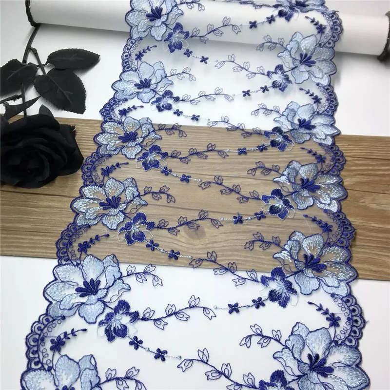 Malla de encaje bordado Floral azul, accesorios de vestir, manualidades, tela, bordado de flores azules para ropa, trabajo de aguja