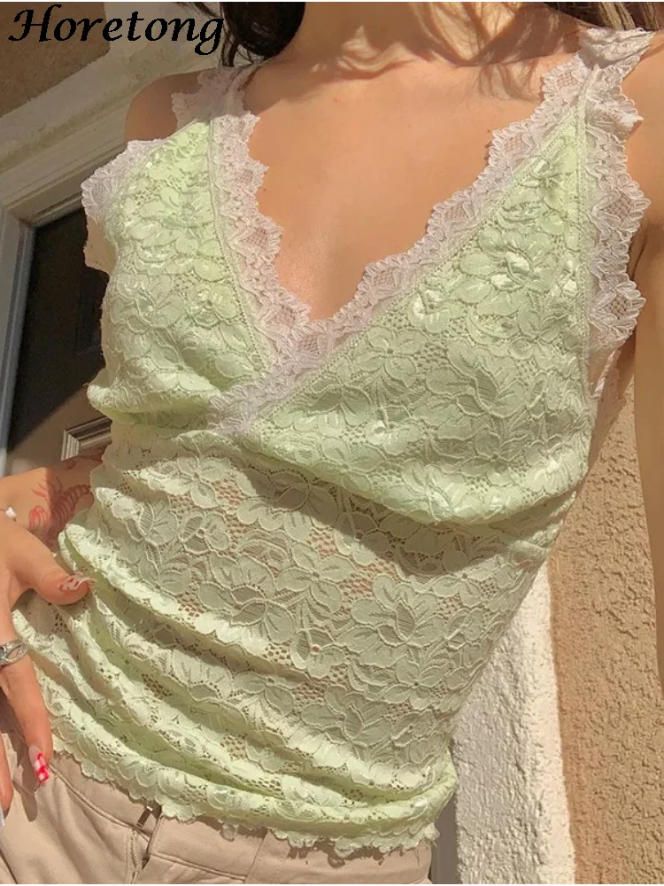 

Horetong Women Summer Lace Cami Floral Fashion Korean V Neck Sleeveless Sexy Crop Top Cropped Female Elegant Ruched Camisole