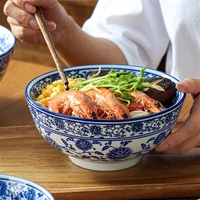 ceramic bowl korean blue and white porcelain tableware large noodle bowl japanese retro soup bowl home kitchen supplies