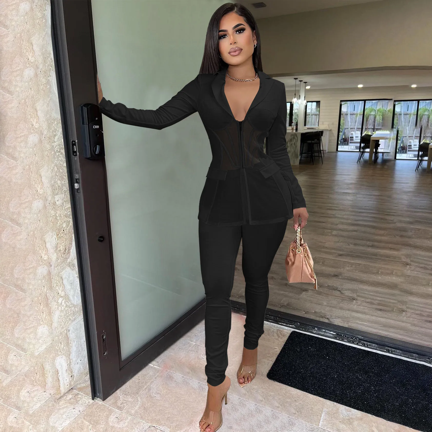 Elegant Sheer Mesh Patchwork Two Piece Set Women Sexy V Neck Corset Blazer Top + Pants Skinny Tracksuit Women Fashion Outfits