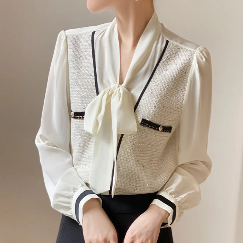 

New Fashion High Quality Silk Women Shirts Elegant Long Sleeve Women Blouse Wit Bow Office Lady Female Clothing Chic Tops 25416