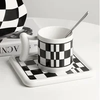 Creative Ceramic Black and White Checkerboard Milk Cup Retro Milk Coffee Cup and Saucer Household Ceramic Snack Cup and Saucer