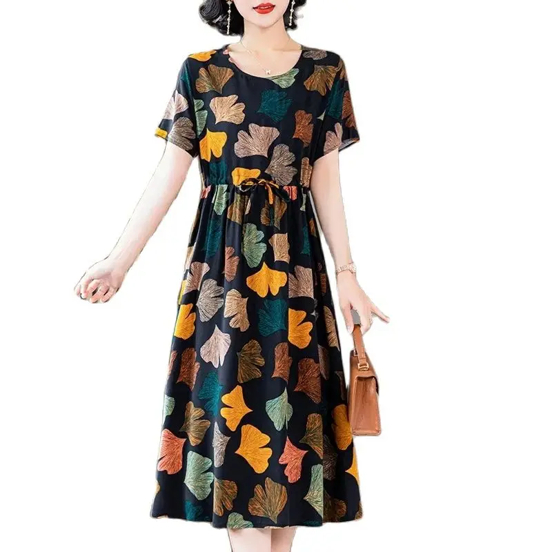 

Summer High-end Cotton Silk Loose Elegant Dress Female 2023 New Middle-aged Temperament Mother Fashion Slim Rayon Skirt Tide.5XL