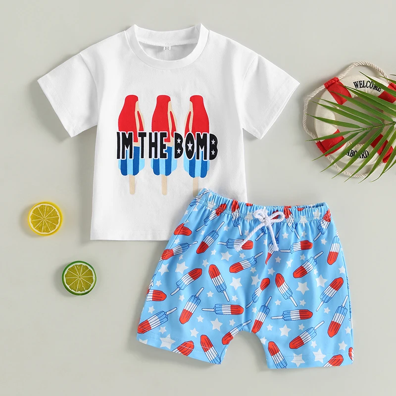 

2023-03-06 Lioraitiin 0-4Years Toddler Boys 2Pcs Independence Day Outfit Short Sleeve Letter Print Tops Ice Cream Print Shorts