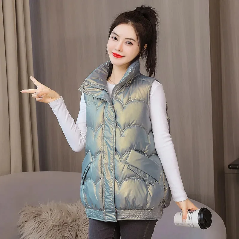 

2022 New Women's Winter Vest Zipper Stand Collar Pockets Ladies Sleeveless Jacket Casual Loose Waistcoat Female Puffer Coat