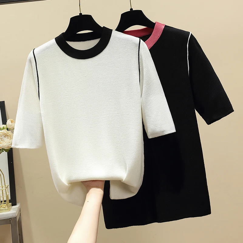 

Новинка, женский свободный полосатый свитер 2023, летний топ с круглым вырезом, Модный женский вязаный пуловер, джемпер с коротким рукавом, женская одежда