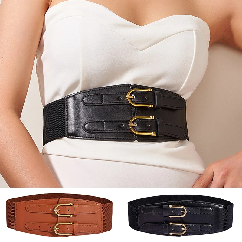 

Retro Leather Elastic Wide Corset Belt For Women Designer Double Buckle Waist Strap Female Coat Dress Decorated Waistband Girdle