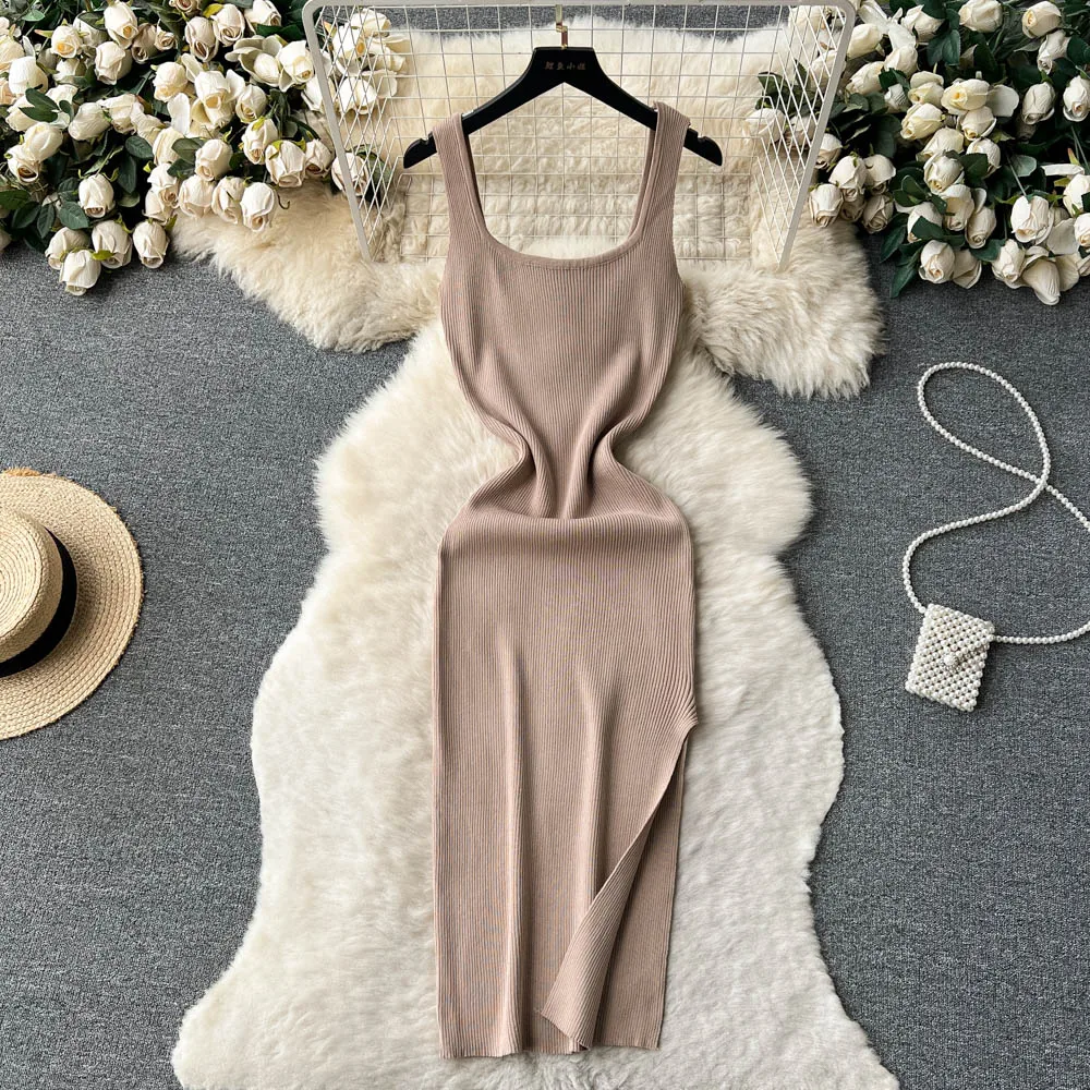 

Винтажное трикотажное платье с бюстгальтером на бретельках, приталенное и ягодицами, сексуальное платье без рукавов с разрезом