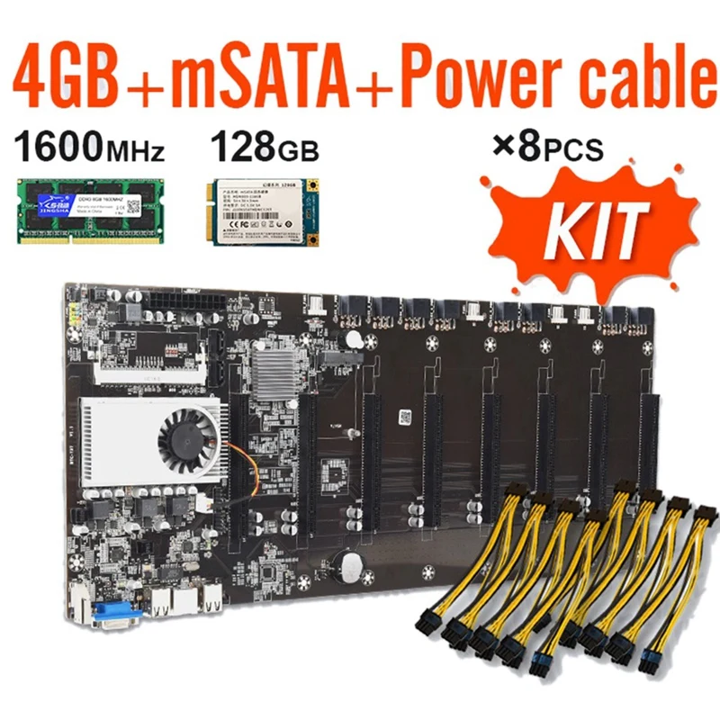 

Материнская плата 8 GPU для майнинга биткоинов, криптовалюмерии, набор для майнинга с 4 Гб DDR3 1600 МГц ОЗУ, 1037U,128 ГБ MSATA SSD, кабель питания