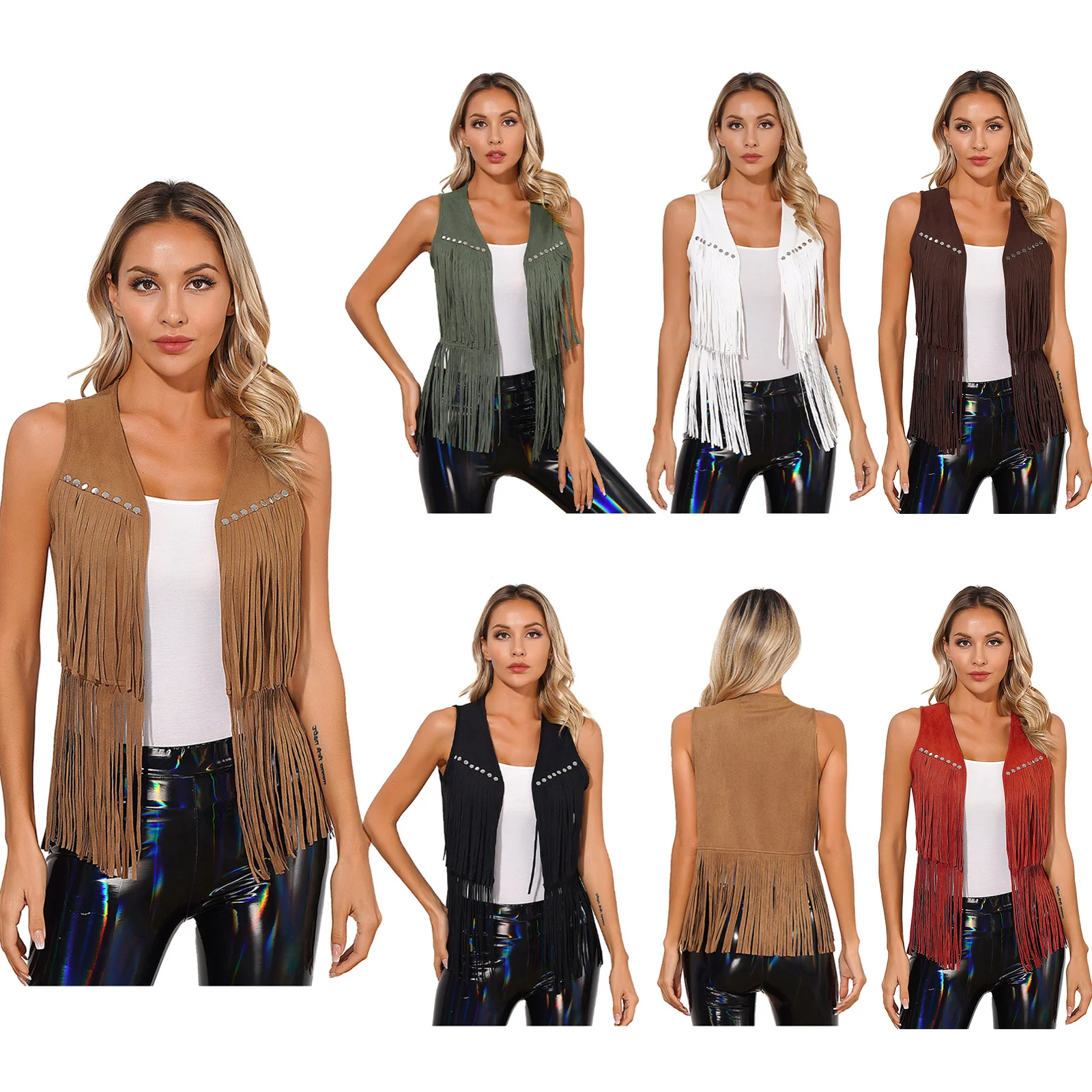 Женский жилет из искусственной замши с кисточками модный заклепками и бахромой