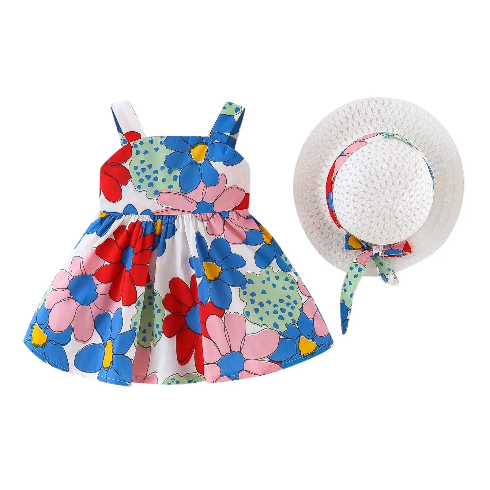 

Girls Floral Bowknot Hat Infant Dress Set Sleeveless Baby 6M-3Y Suspenders Princess Printed Girls Long Blue Dress for Girls