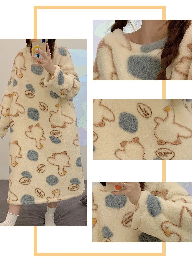 Yasuk Winter Fashion Women's Casual Lovely Print Duck Warm Soft Sleepwear Loose Pajamas Nightdress Flannel Pullover Kawaii