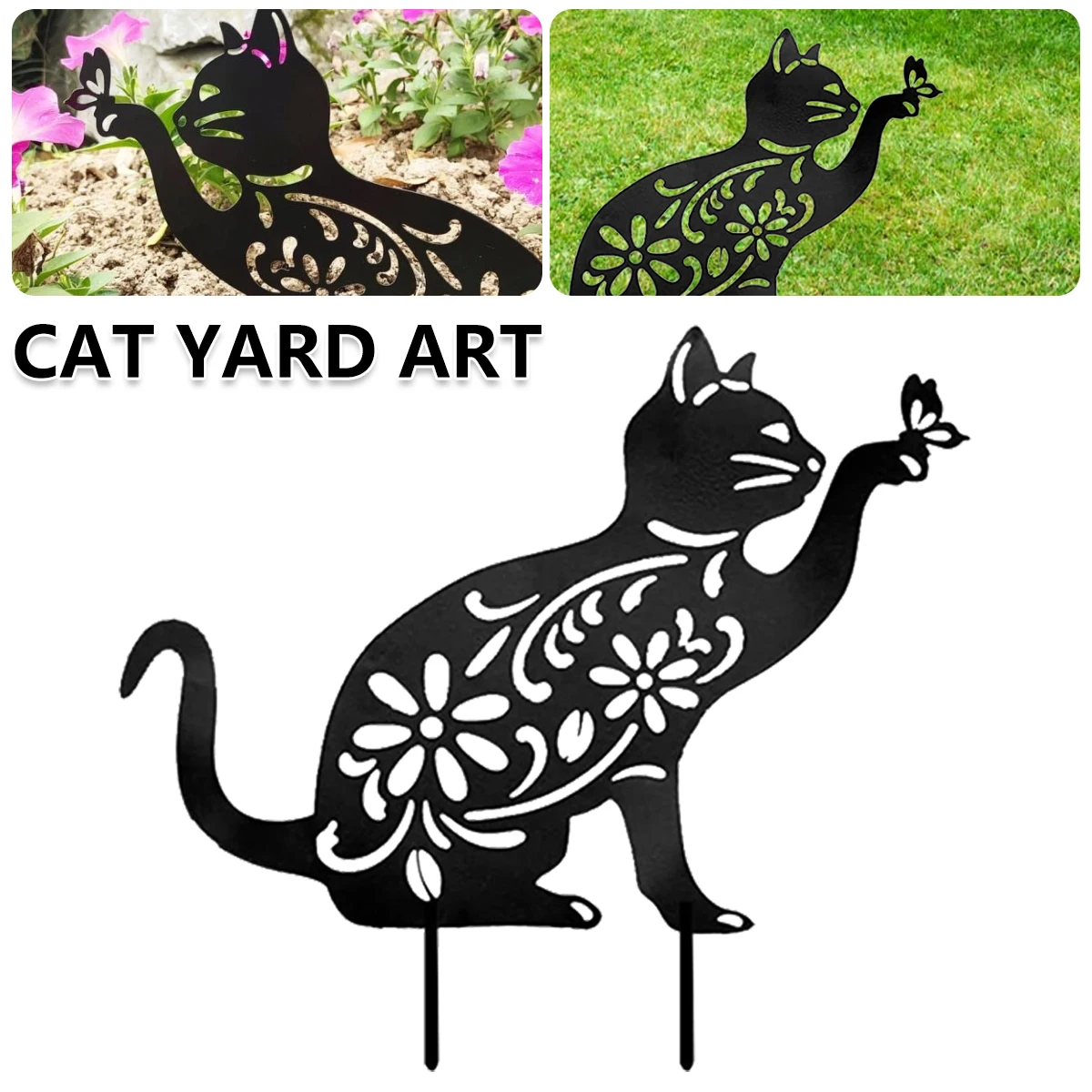 

NEW Metal Cat Silhouette Stakes Black Hollow Cat Sign Stakes Weatherproof Outdoor Cat Animal Statue Decorative Garden Stakes for