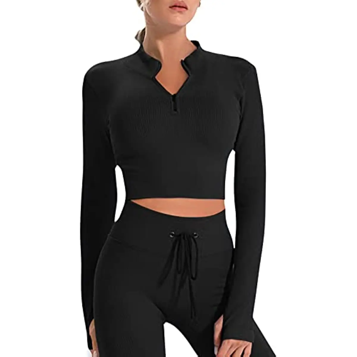 

Gym Set for Women 2 Piece Long Sleeve Workout Outfits Full Zip Cropped Top&Ribbed Leggings Set Running Yoga Clothes Suit