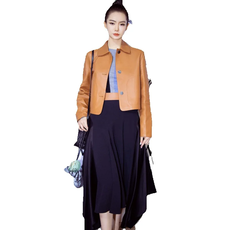 Весеннее пальто Qi Wei из натуральной кожи женская короткая приталенная куртка