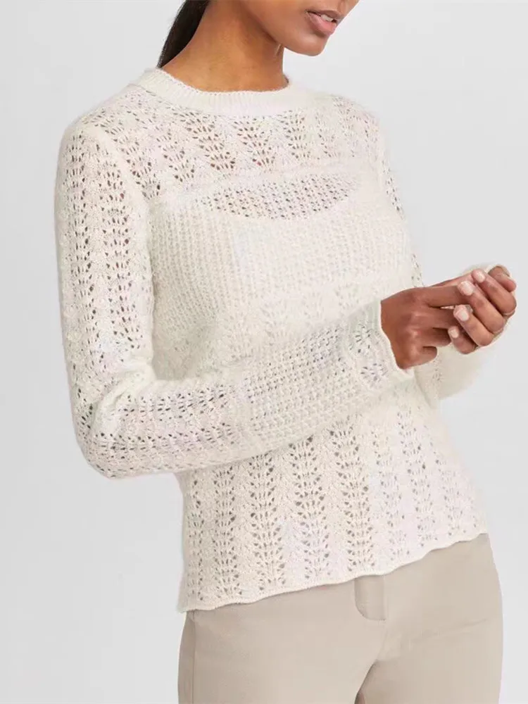 

Женский ажурный элегантный свитер, 100% кашемировый Однотонный пуловер с круглым вырезом и длинным рукавом для ранней осени, 2023