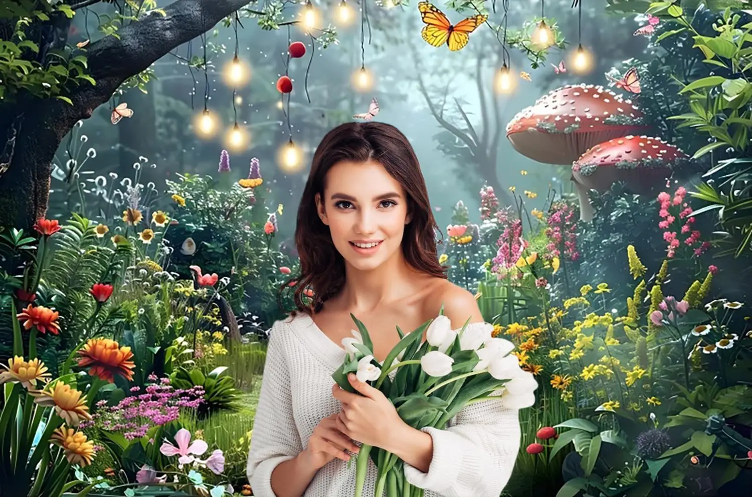 Весенний фон с зачарованным лесом сказка страна чудес цветы гриб для фотосъемки