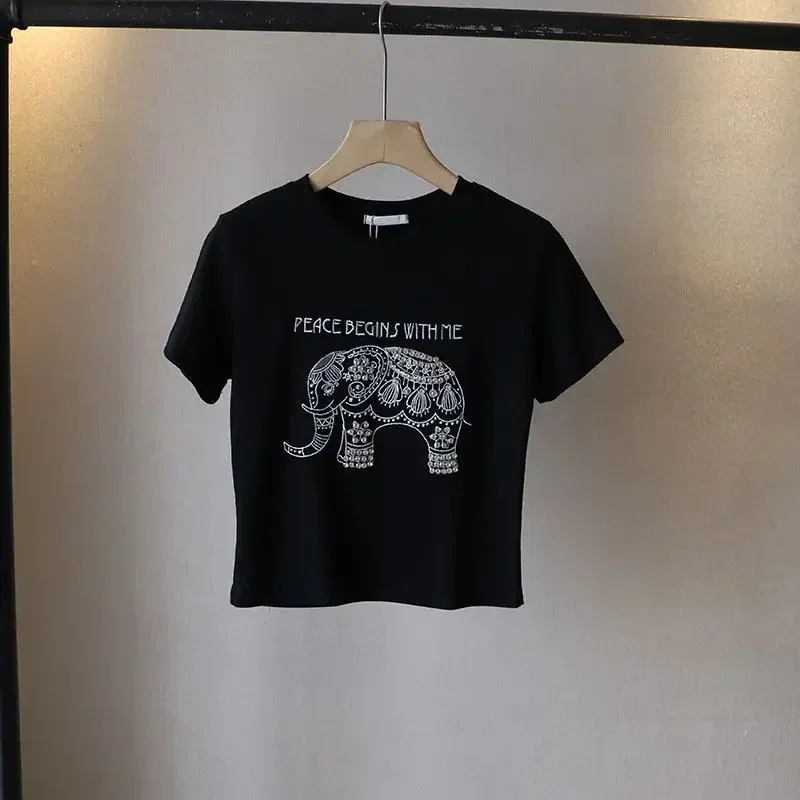 Лето 2023 новая женская футболка с короткими рукавами и вышивкой в тяжелой