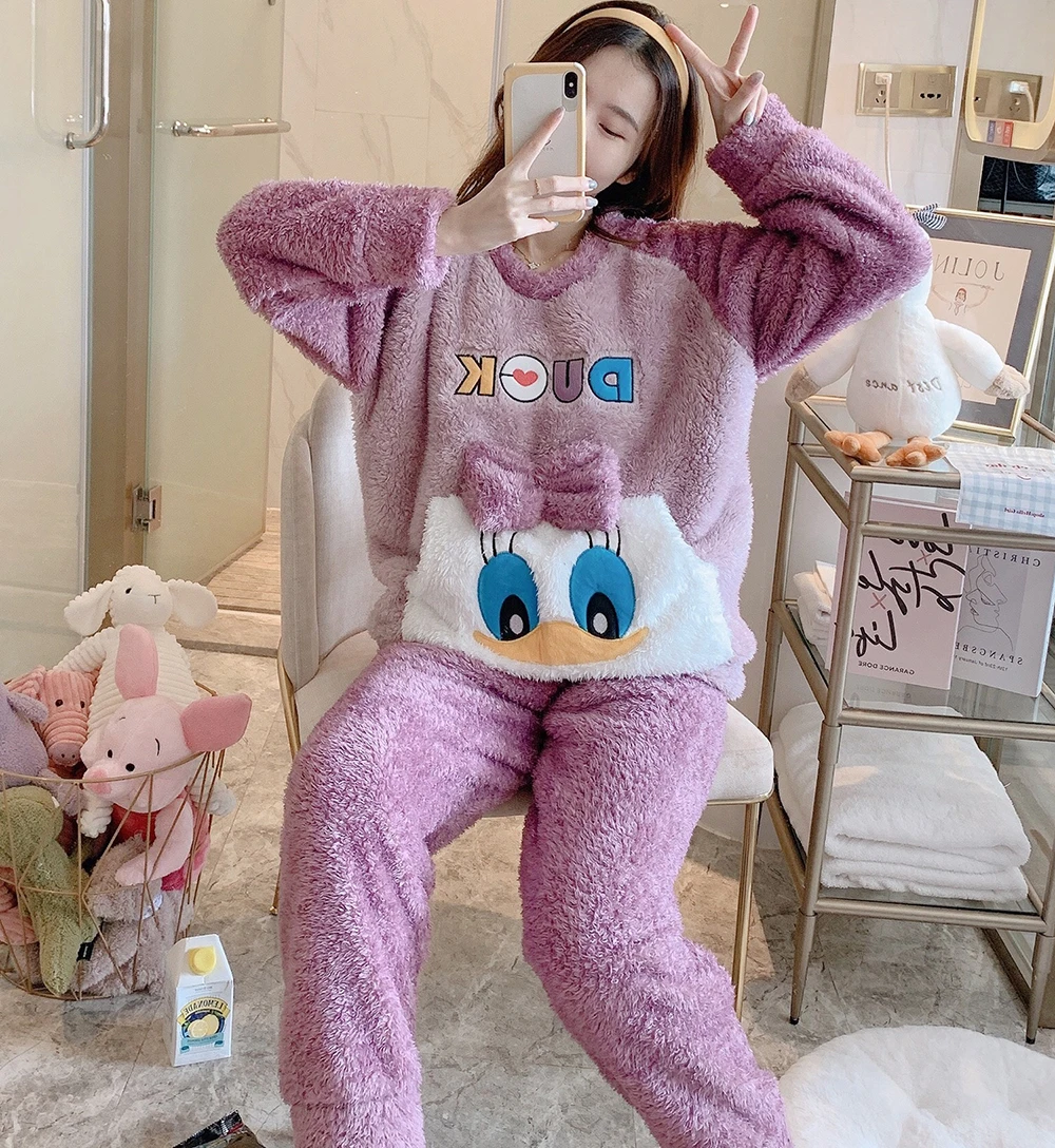 Women's Winter Warm Thin Pajama Suit Length To The Shank Polyester Comfortable Colorful Cut Cartoon Leisure Wear With No Hat