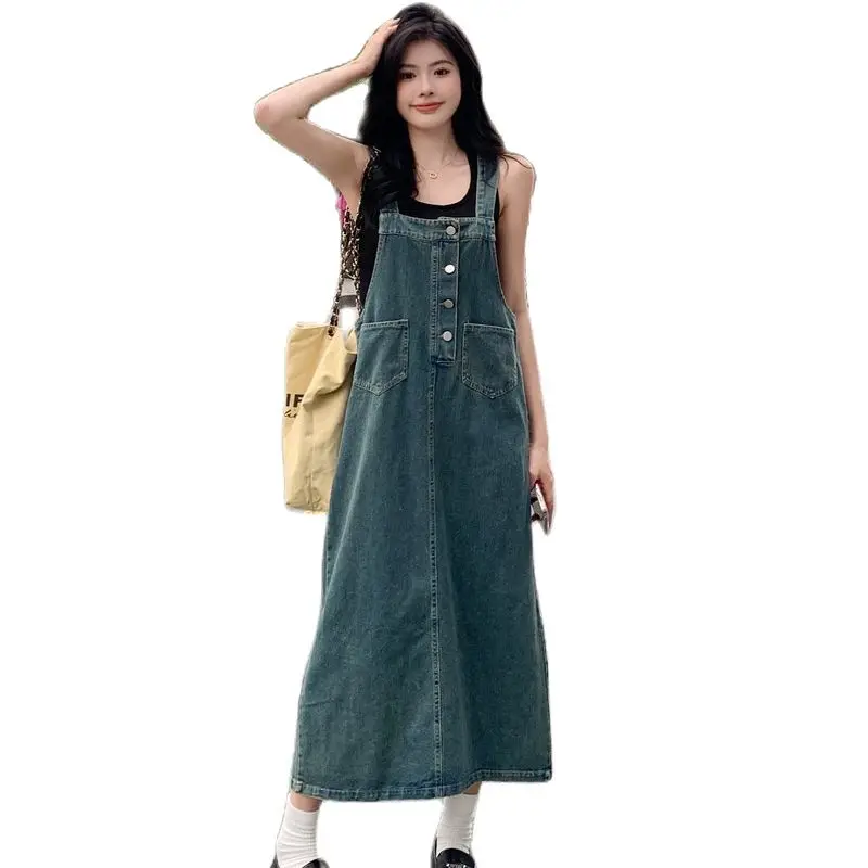 

2023 Spring Autumn Sleeveless Denim Strap Long Dress For Women's Clothing Summer Retro Slim Tank Top Jeans Dresses AC649