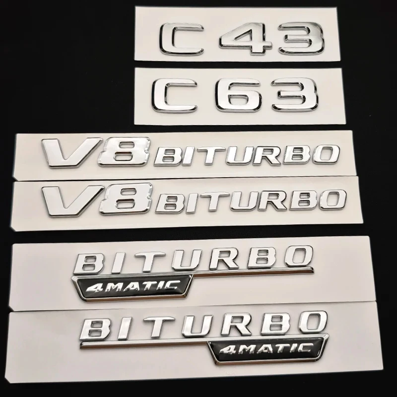 Фото Хромированная эмблема ABS для багажника автомобиля C43 C63, наклейка V8 BITURBO 4MATIC, аксессуары для Mercedes Benz AMG W205 W206 C205 №1