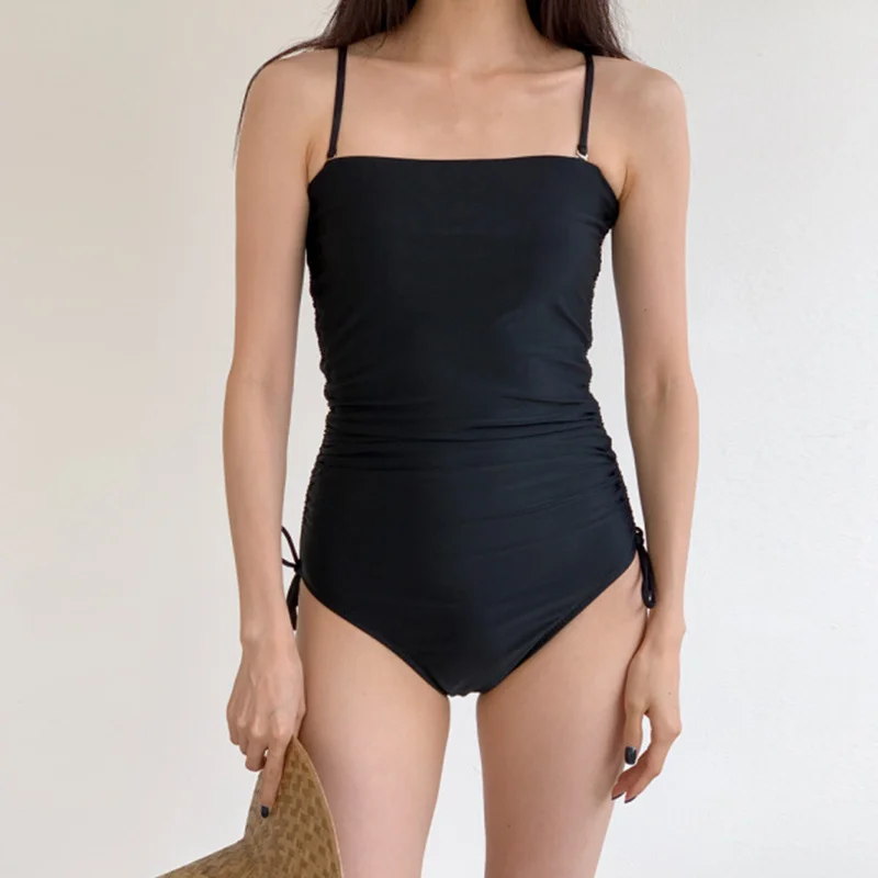 

Сексуальный цельный купальник-бандо, Женский Однотонный черный купальник, монокини с открытой спиной, плиссированный купальный костюм с пуш-ап подкладкой и высоким вырезом на бретелях
