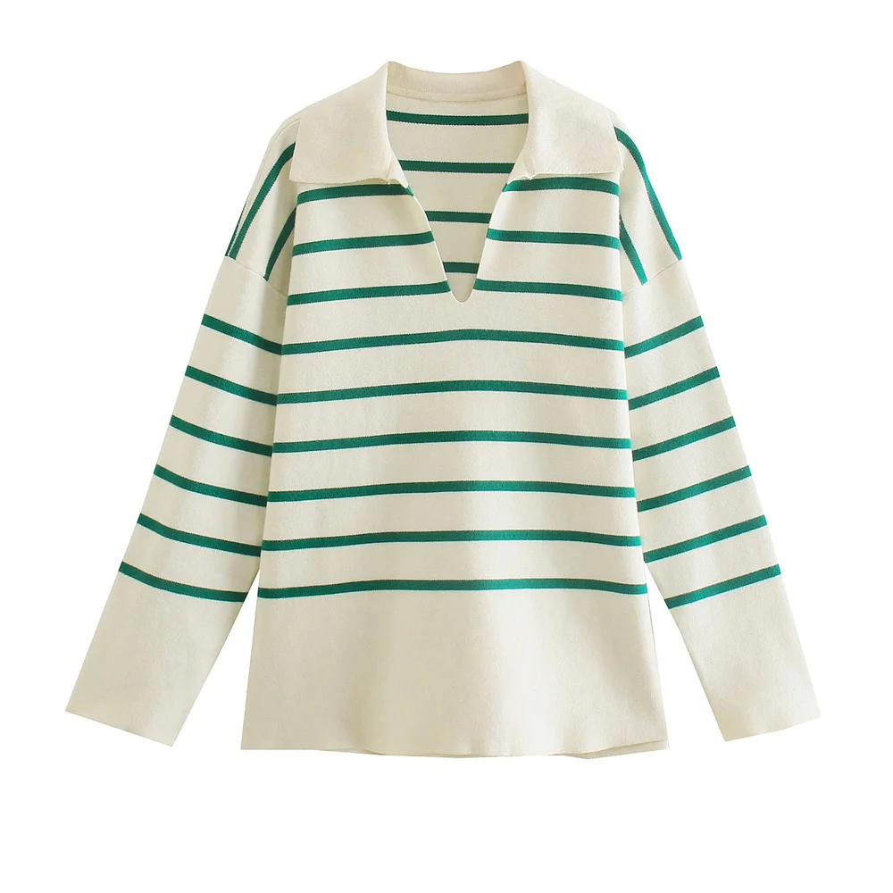 

Женский Полосатый Свитер оверсайз, Женский вязаный Свободный Повседневный пуловер, топы с длинным рукавом и V-образным вырезом, женская мод...