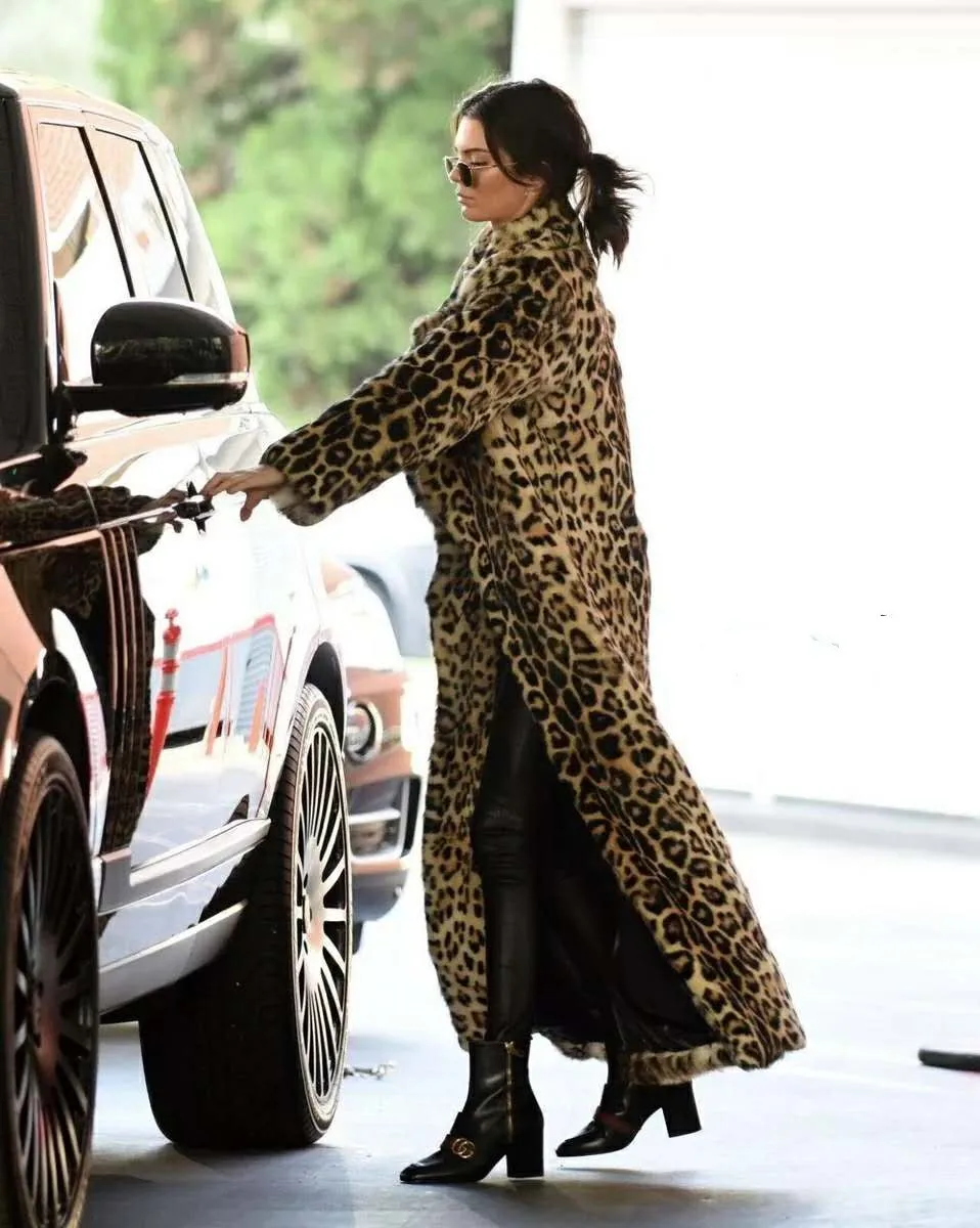 Women's fall and winter hot American INS with the same street suit collar vintage leopard print anti fur long trench coat