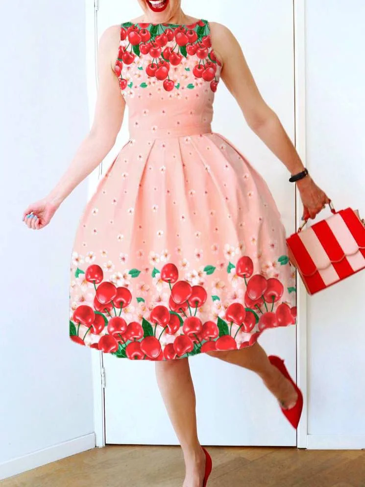 

2022 Fashion Street Pretty Ladies Cherry Dress Social Sale Dress Cute Girl Mini Skirt Print One Piece
