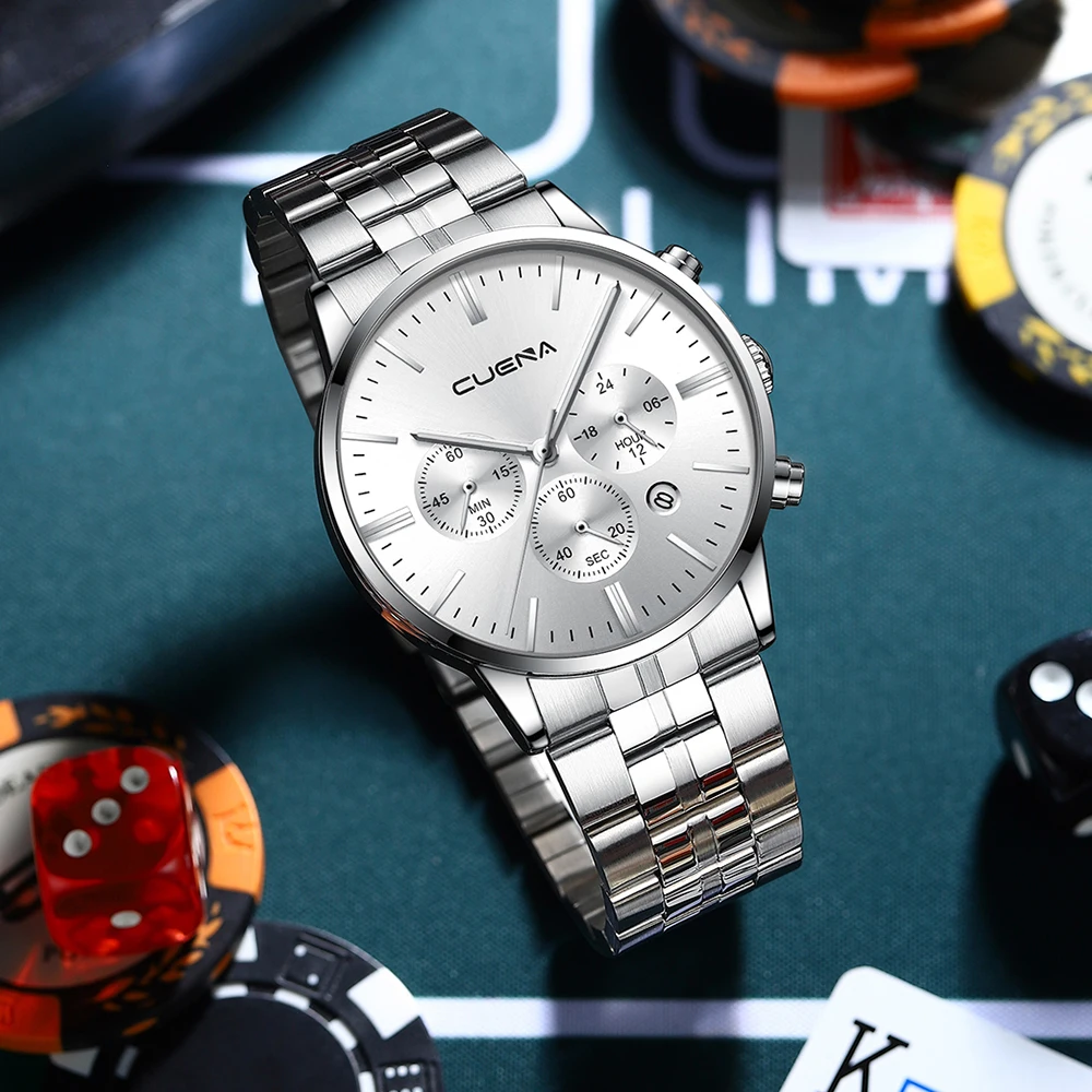Часы CUENA мужские спортивные из нержавеющей стали брендовые водонепроницаемые